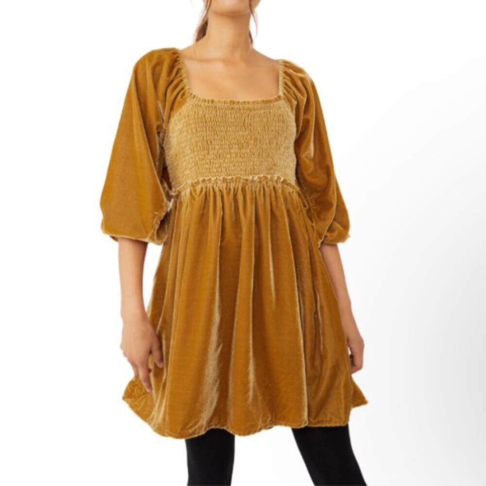 Free People Womens XS Daphne Velvet Long Sleeve Minidress in Yellow Gold NEW